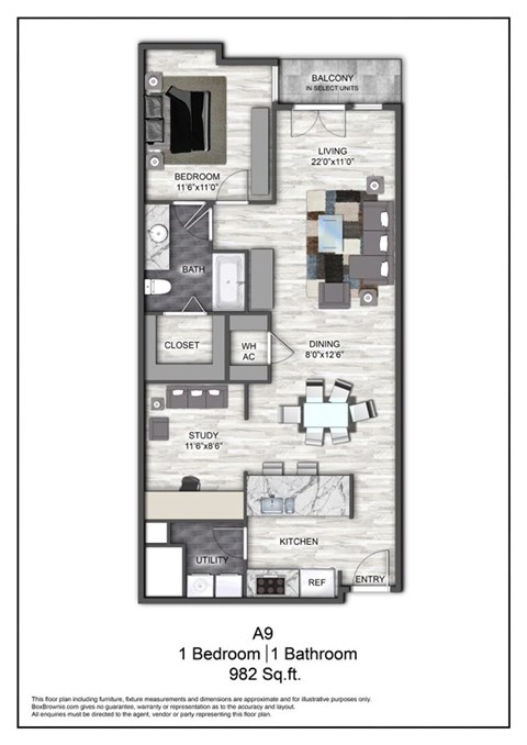 Floor plan for 1 bed, 1 bath, 982 sqft